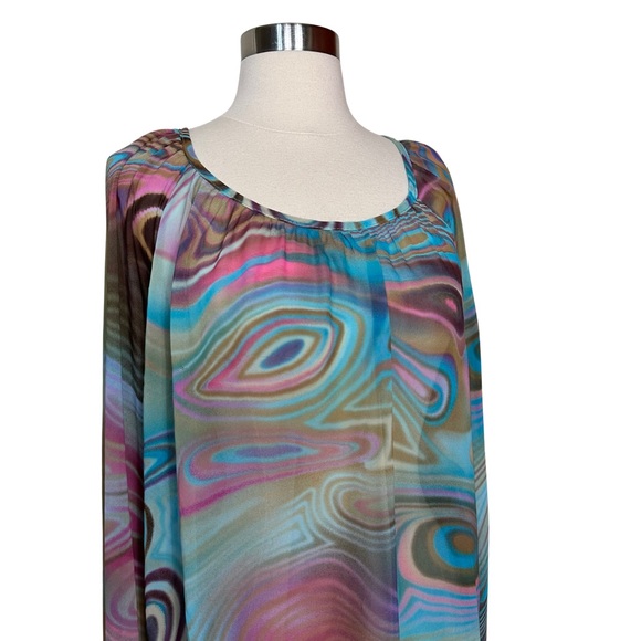 Private Gallery Trippy Colorful Rainbow Semi Sheer Scoop Neck Swirl Blouse Top M - Picture 3 of 8